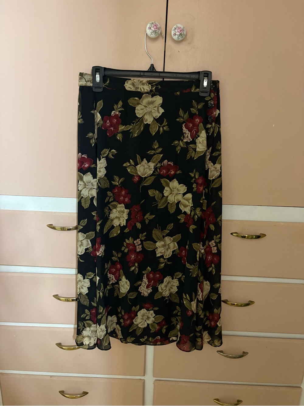 Sag Harbor Black Maxi Skirt with Red & Cream Floral Print